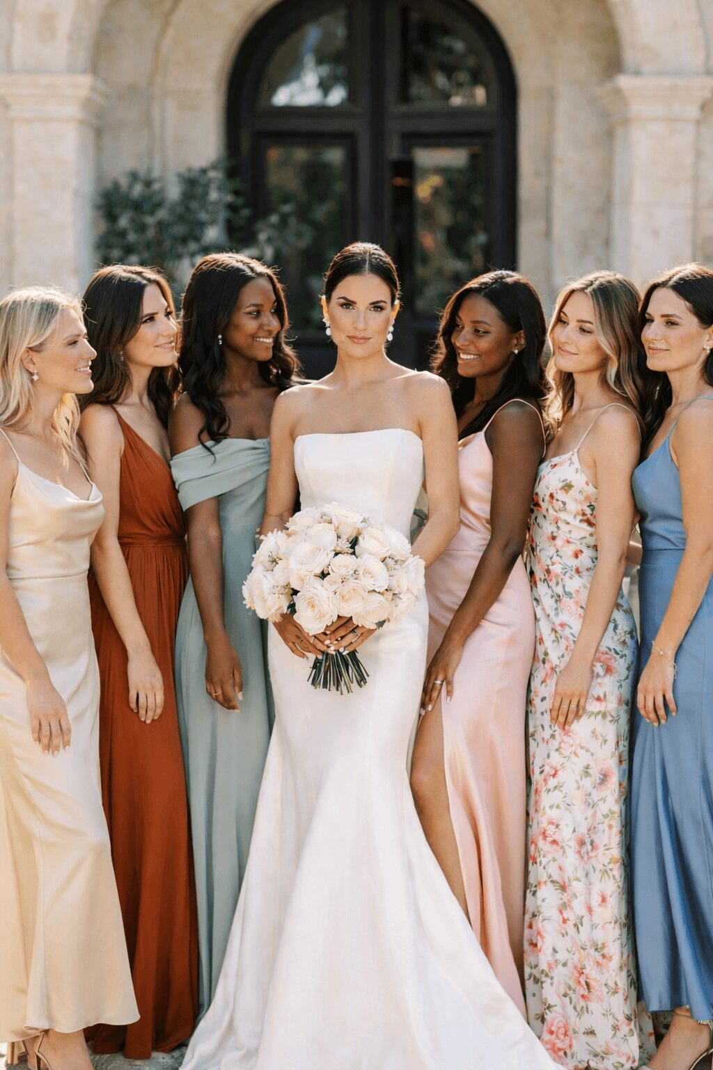 Editorial wedding inspiration shown through varied bridesmaid silhouettes and textures