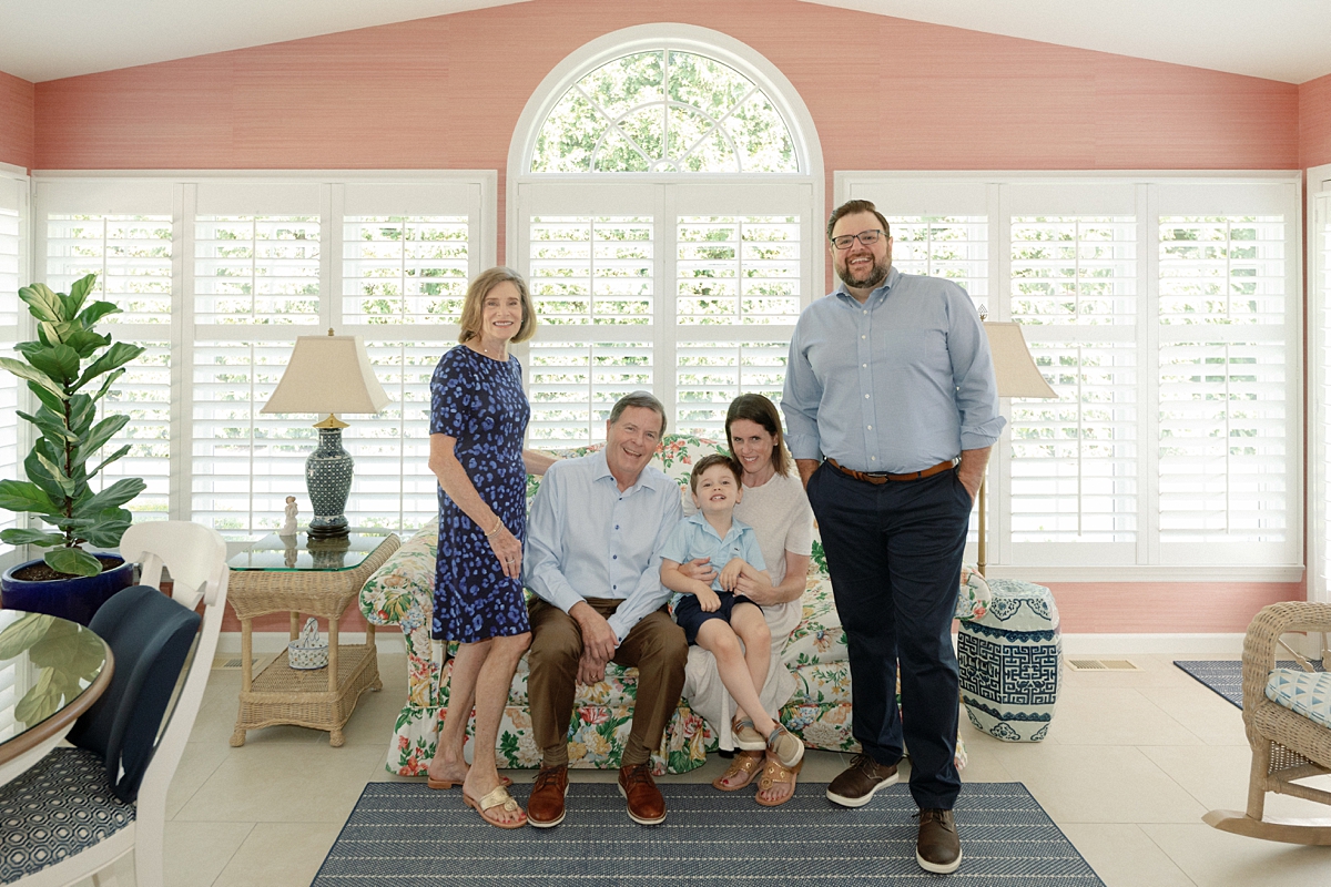 Generational family photos of three generations gathered at home in St. Louis