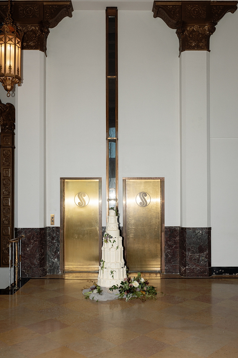 Tall statement wedding cake at The Noble in St. Louis