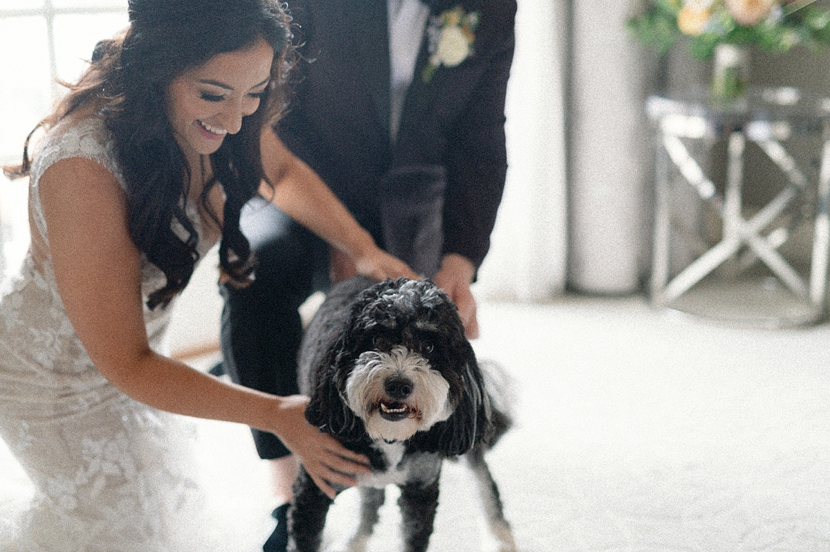 Allie smiling with Bear during wedding photos at the hotel