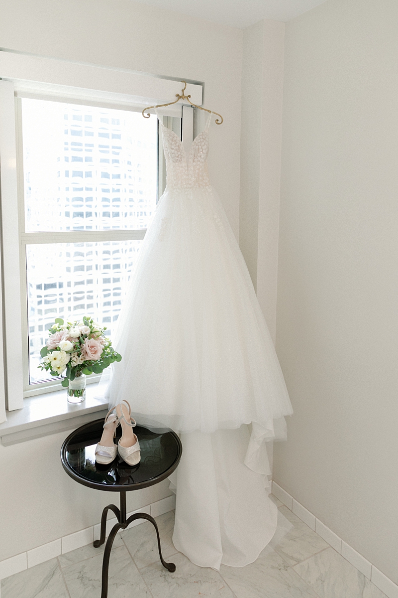 Wedding dress photographed at Hotel Phillips in Kansas City